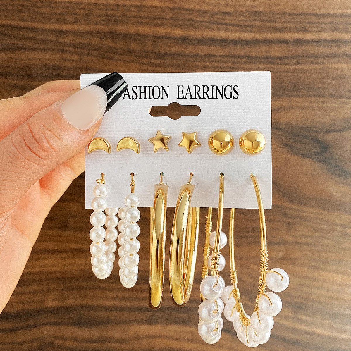 Wholesale of new cross-border geometric earring set of 6 pieces, creative, simple and retro round heart-shaped pearl earrings full figure
