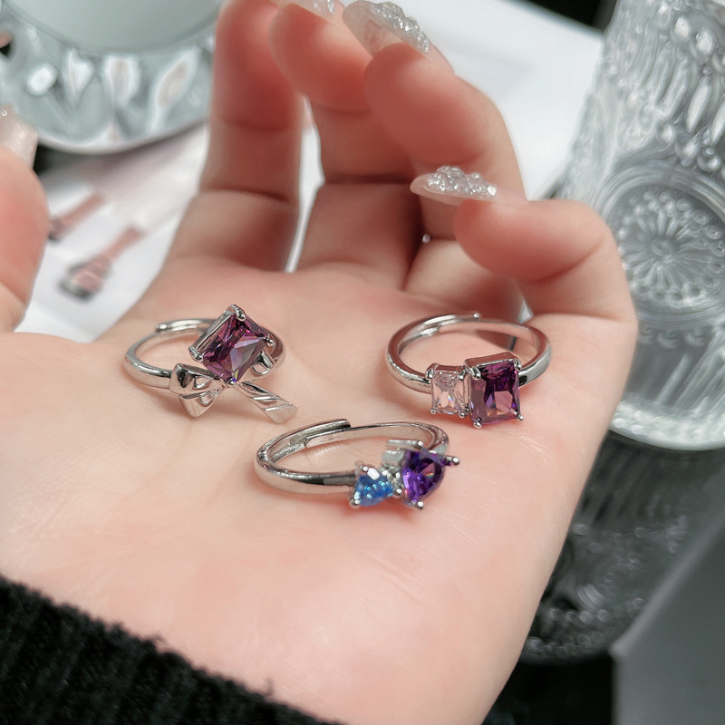 ins cold and cool style, sweet and cool purple diamond bow, simple and adjustable ring, exquisite, niche and high-end food ring for women details Picture