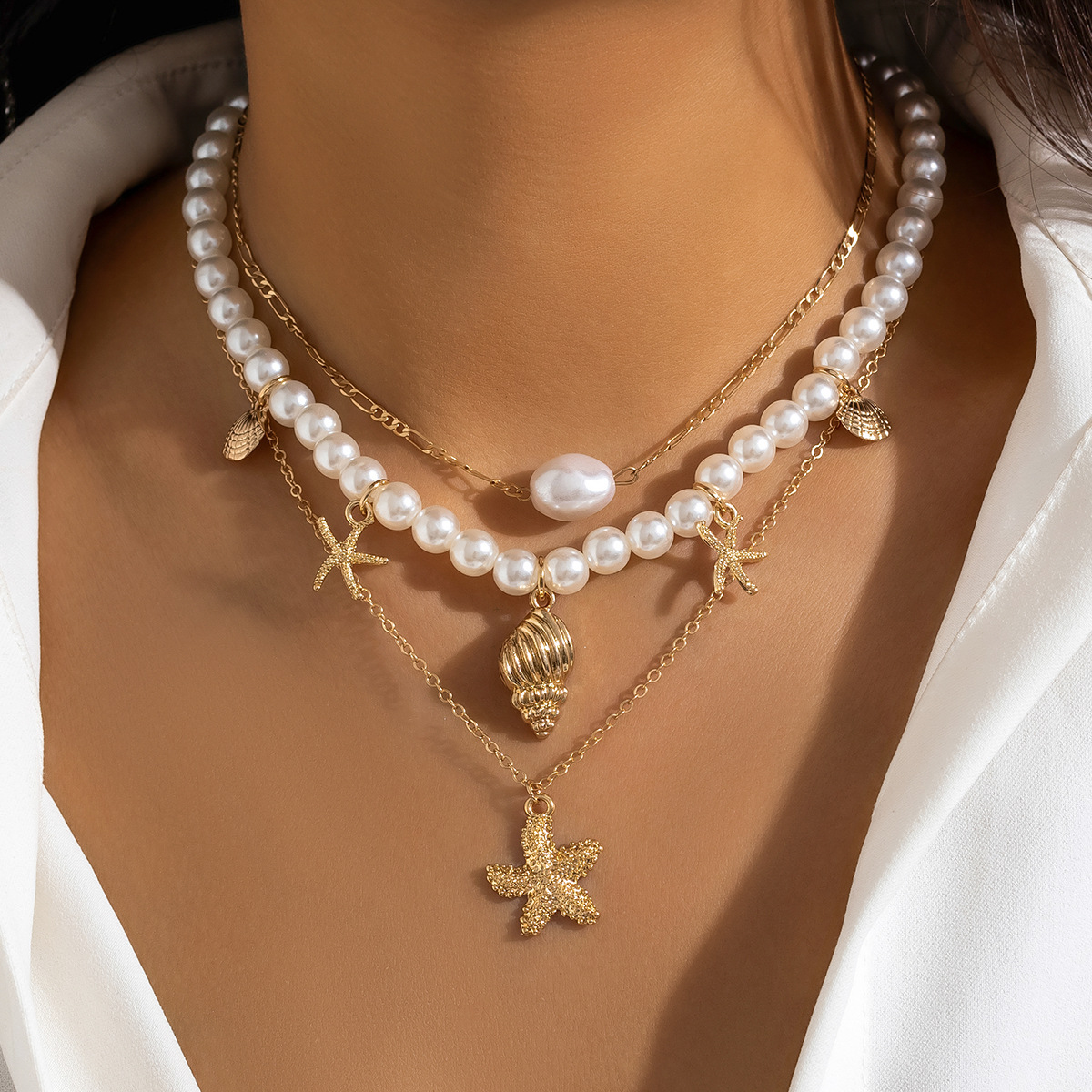 European and American cross-border jewelry beaded necklace beach imitation pearl necklace starfish shell retro vacation necklace Specification drawing