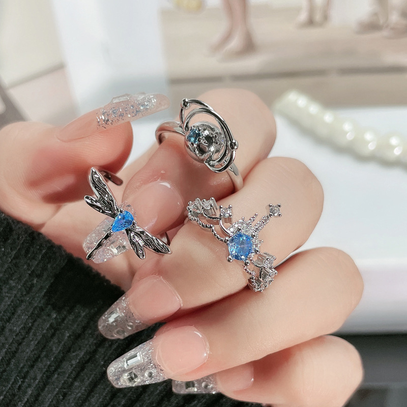 French gentle crown, sea blue zircon light luxury open ring, women's dragonfly fashionable, simple and individual cold style ring full figure