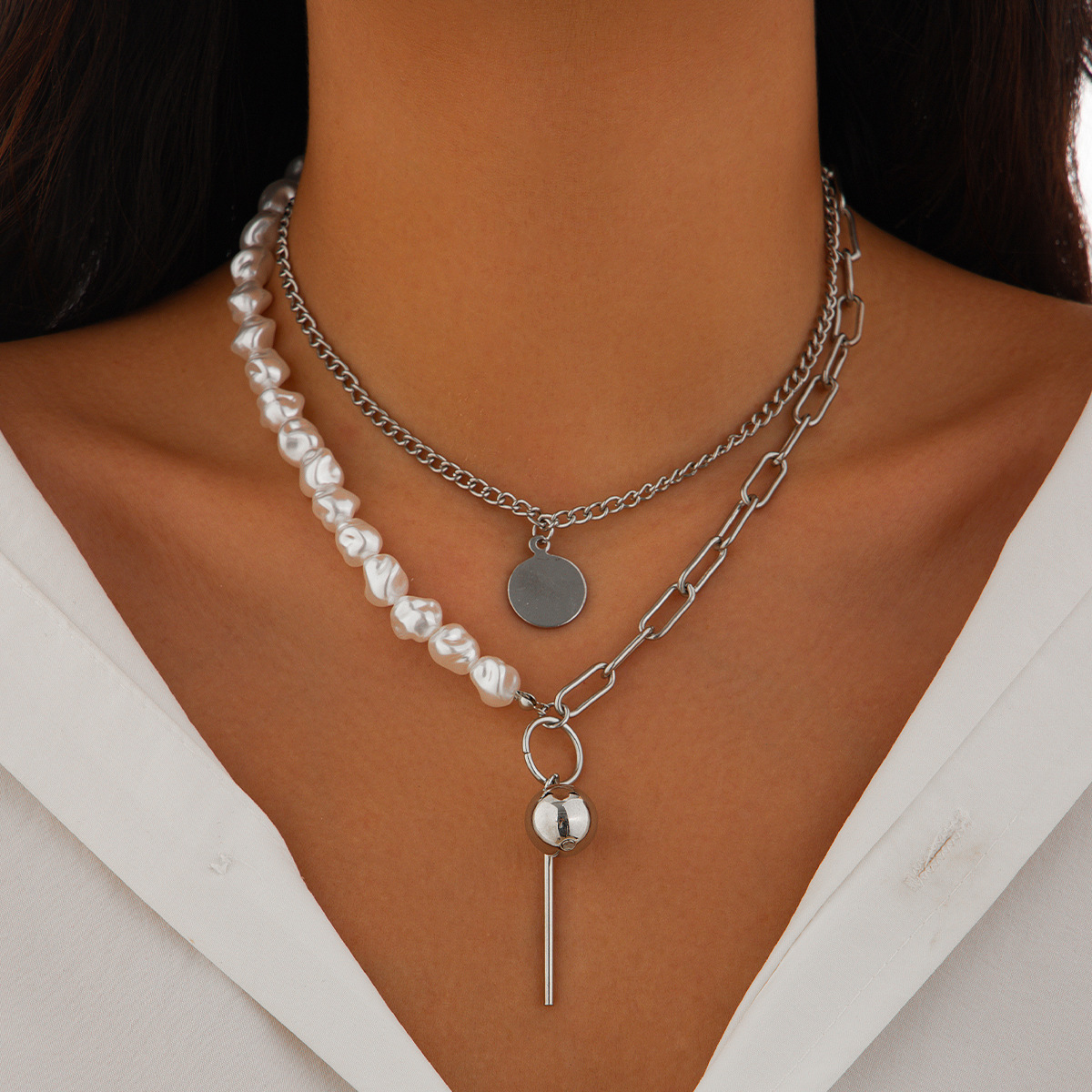 European and American cross-border jewelry, personalized and simple starfish alloy pendant necklace, Baroque-style multi-layer pearl collar Specification drawing