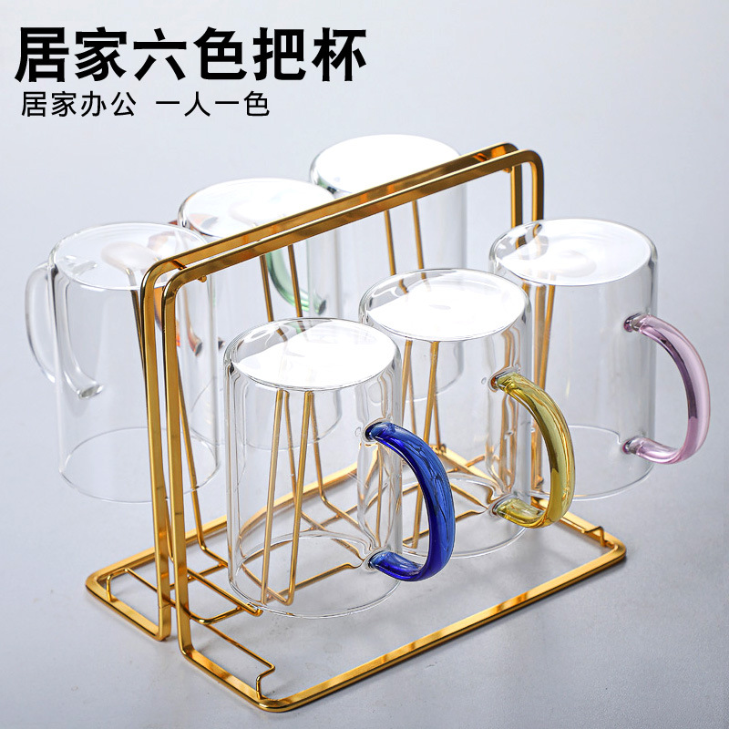 Wholesale home six-color water cup holder sets, transparent high borosilicate heat-resistant glass cups, tea cups for roasting around the stove full figure