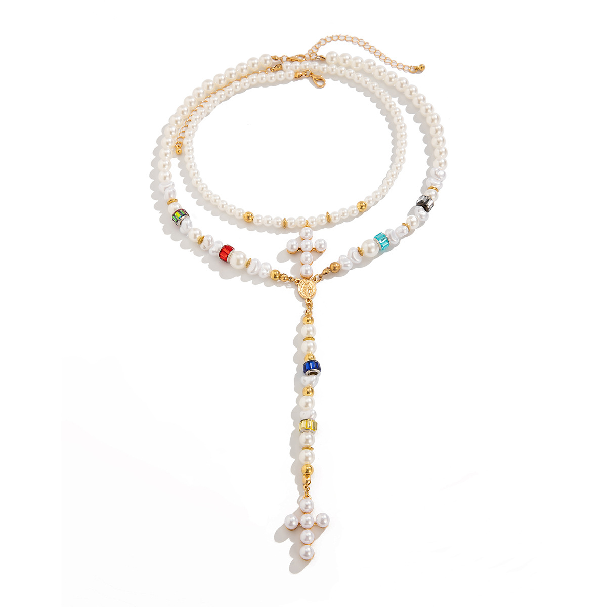 A 2-piece cross-border jewelry set from Europe and America, featuring a cross pearl necklace. It is a simple and unique handcrafted beaded necklace for women Item Picture