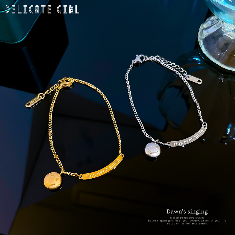 【 All-titanium Steel 】 Smiley face letter round bead style lucky minimalist chain bracelet female Internet celebrity retro best friend details Picture