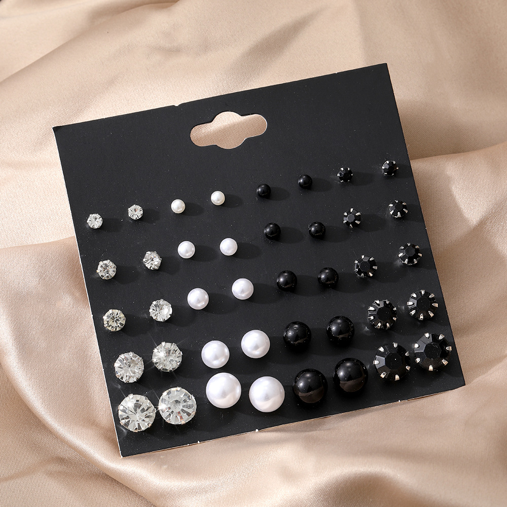 Cross-border 20-pair sets of stud earrings from Europe and America are fashionable for commuting. Large and small pearl and diamond-encrusted stud earrings are popular for wholesale Specification drawing