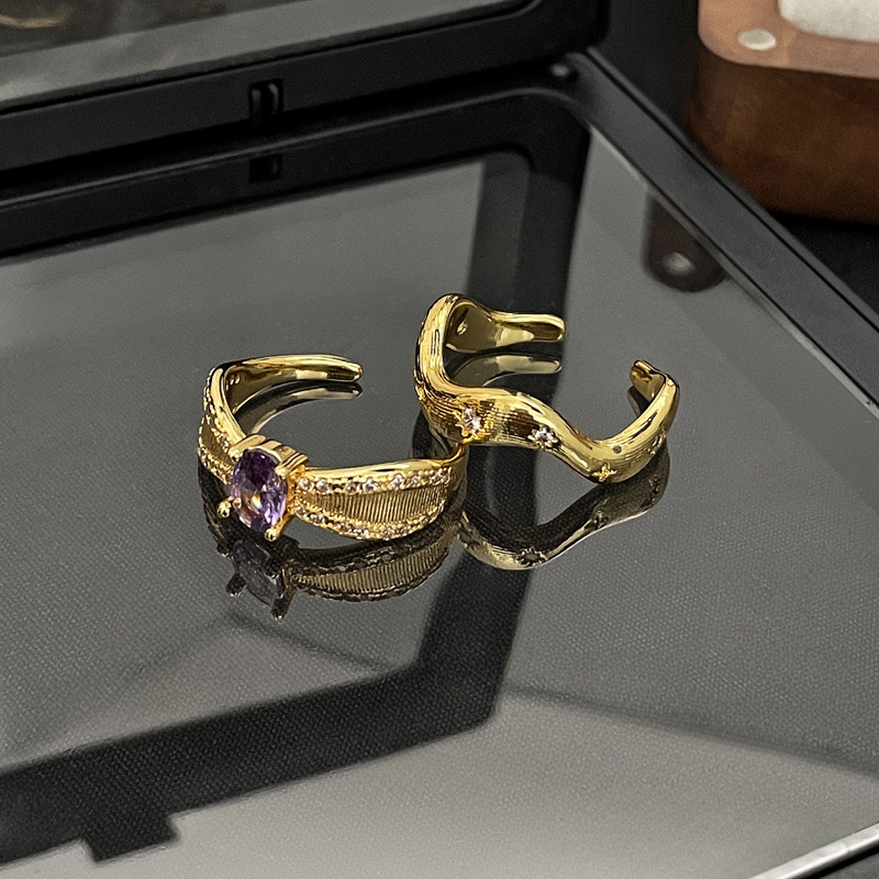 French light luxury retro purple brushed wave sweet and cool open ring, women's fashionable texture, niche and versatile index finger ring Specification drawing