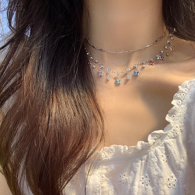 Summer style ~ Rainbow-colored tassel zircon necklace for women with a light luxury and niche design sense collarbone chain details Picture