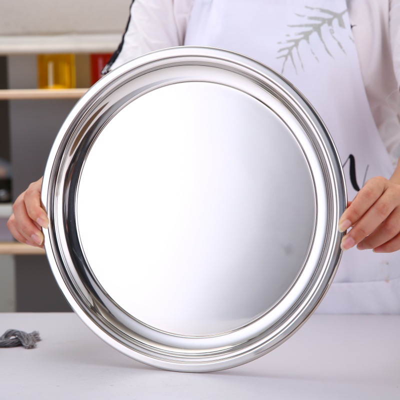 Stainless steel circular mirror plate hotel restaurant tray, tea plate, fruit salad shiny plate, can be equipped with anti-slip pad full figure