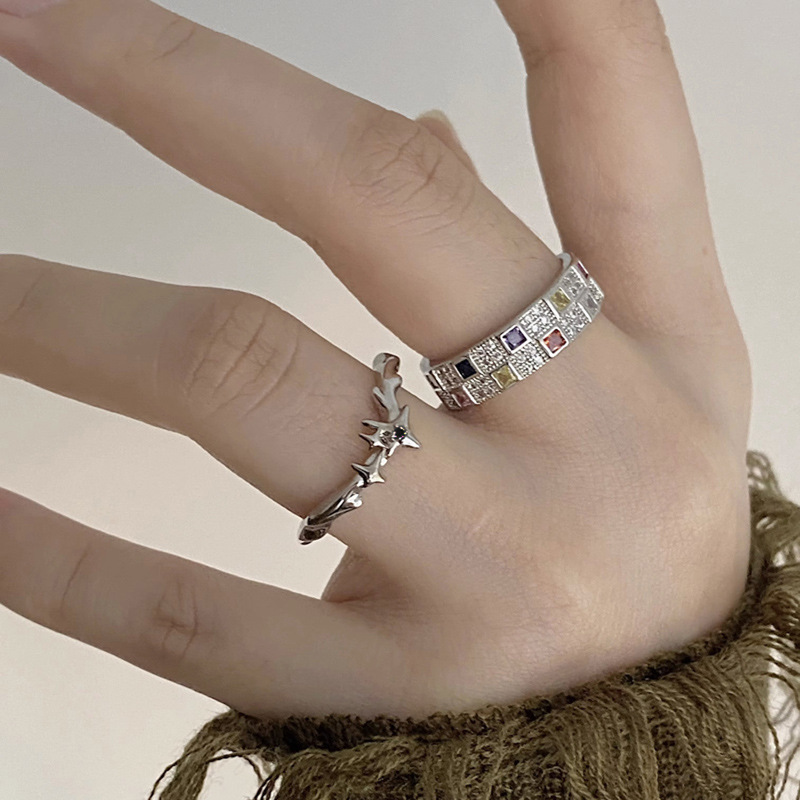 New retro colored zircon high-end open ring for women, a niche design with a cold style, fashionable and exquisite ring for women full figure