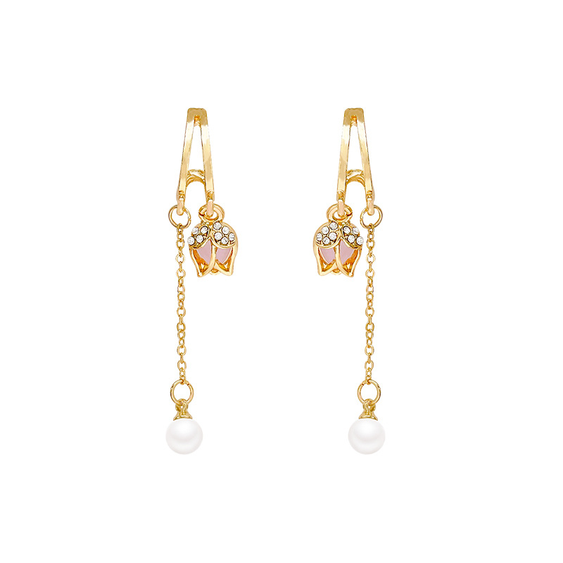 Tulip asymmetrical pearl tassel earrings for women, new spring floral stud earrings, elegant and high-end earrings wholesale Item Picture