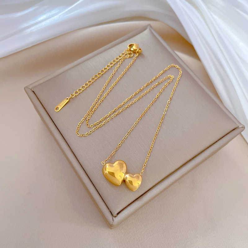 【 All-titanium Steel 】 Smooth double heart style, minimalist style, real gold necklace inside the furnace, women's ins collarbone chain Specification drawing