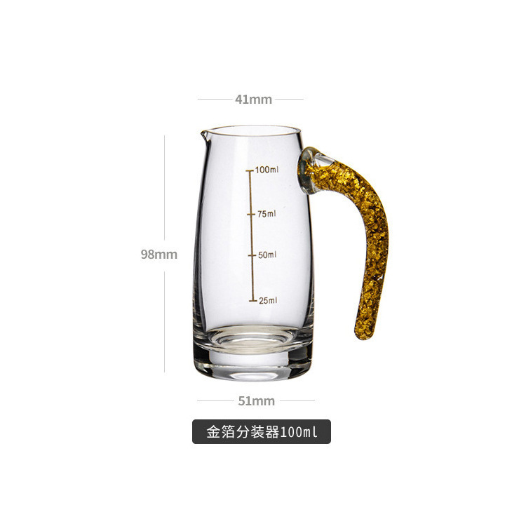 Thickened glass 80ml seven-character bottle, Jinshan Baijiu dispenser, household measuring wine cup, gold foil with handle Baijiu bottle Item Picture