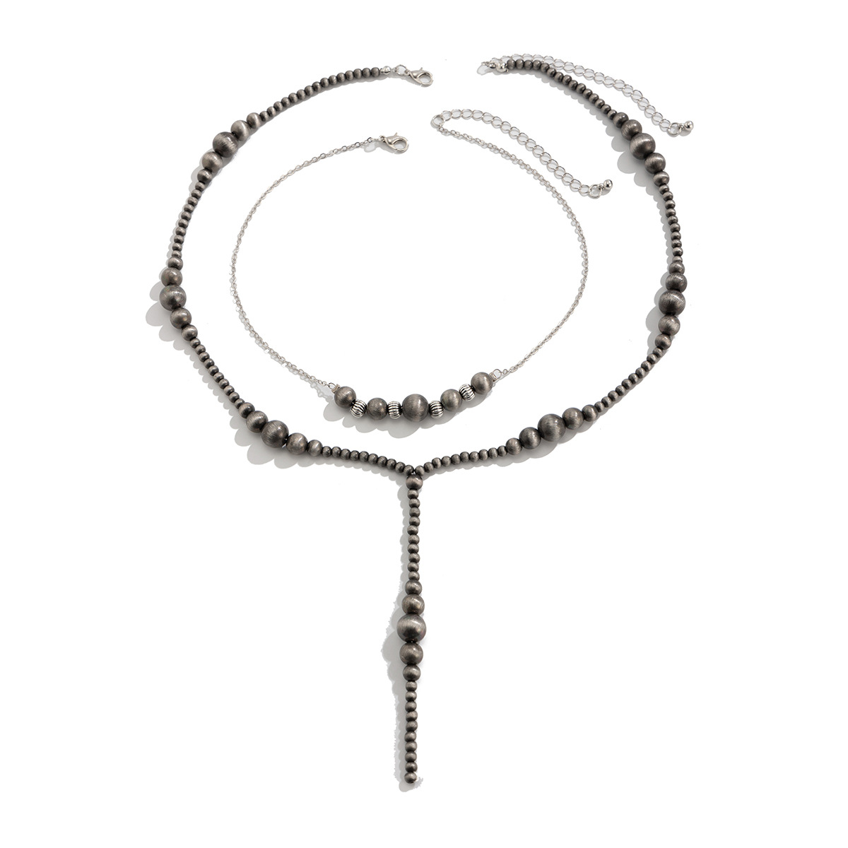 European and American cross-border jewelry, fashionable antique tin brushed beaded Y-shaped necklace, simple geometric multi-layer tassel collarbone chain Item Picture