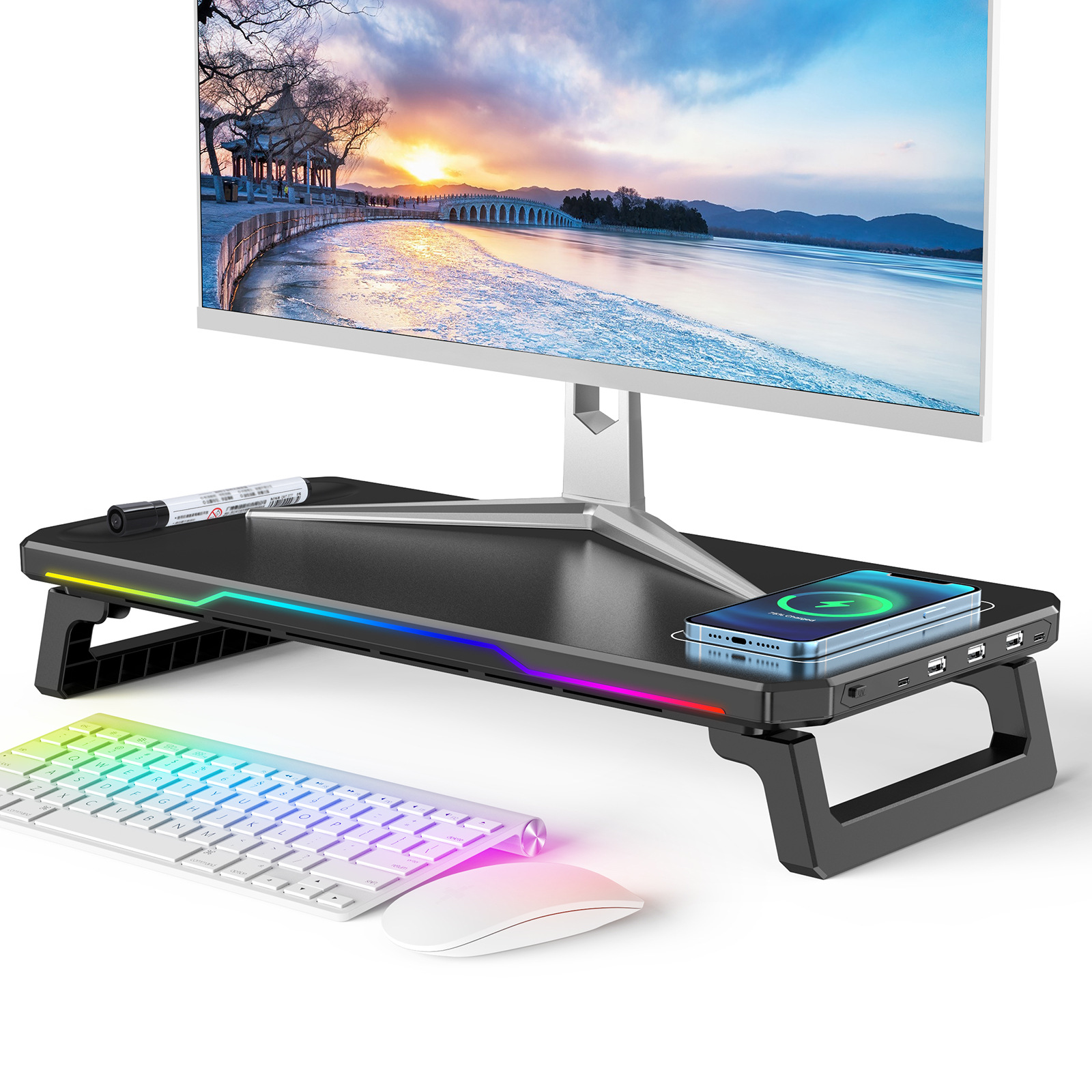 Wireless charging RGB gaming style desktop stand, expansion dock, ergonomic office display stand Item Picture