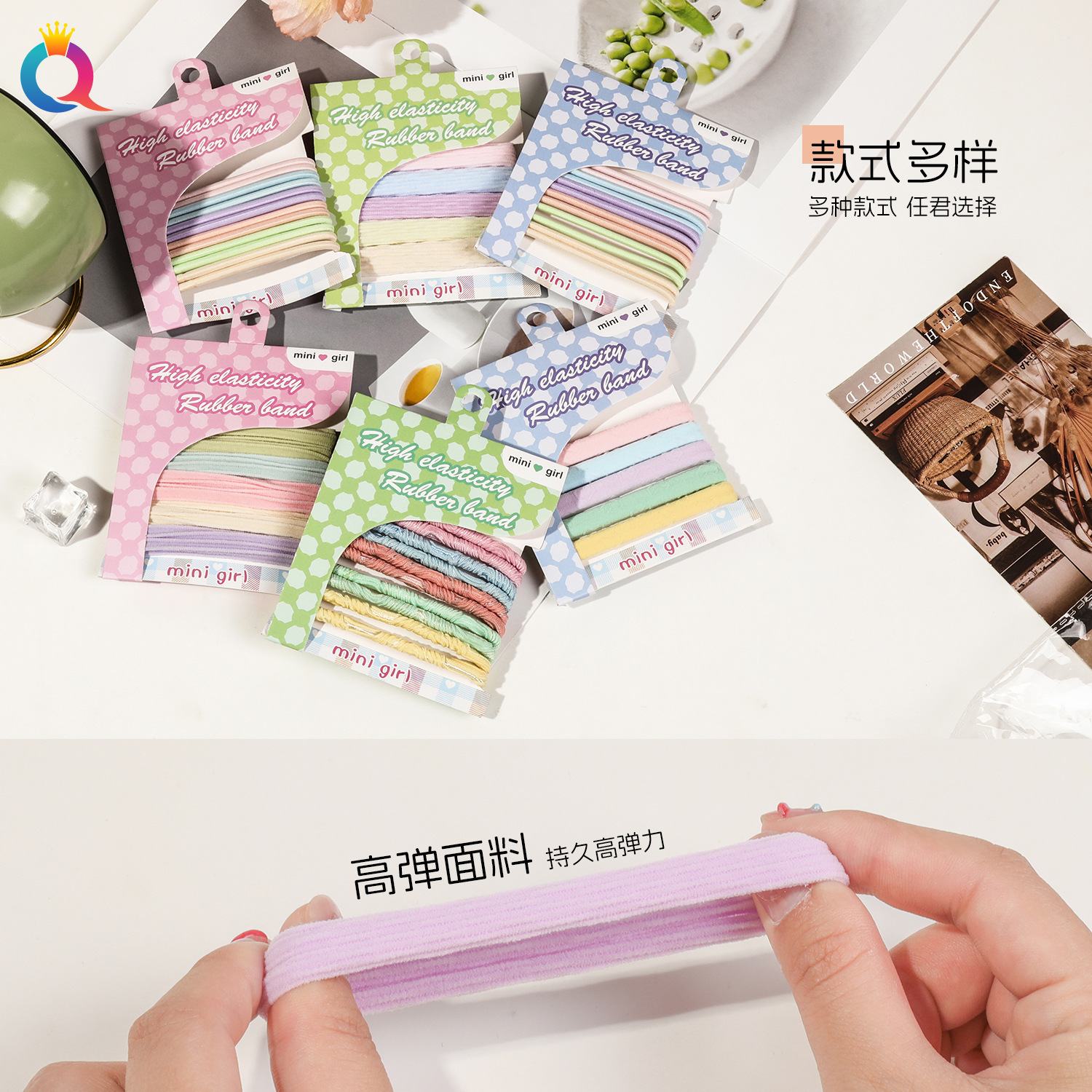 Qiyue Cross-border's new card-sized sweet candy-colored high-elasticity girls' hair tie hair band is a versatile style Specification drawing