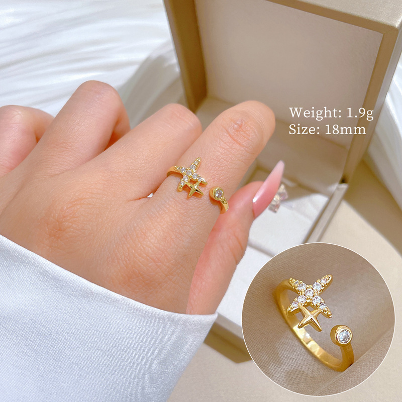 【 Real Gold 】 Starry Zircon Full diamond ring with adjustable opening, simple Japanese-style bracelet, couple rings details Picture