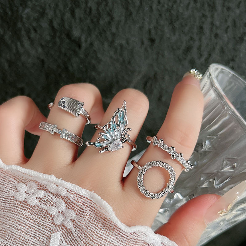 Minimalist Korean-style flapped butterfly irregular pleated texture open ring female letter full diamond fashionable niche ring full figure