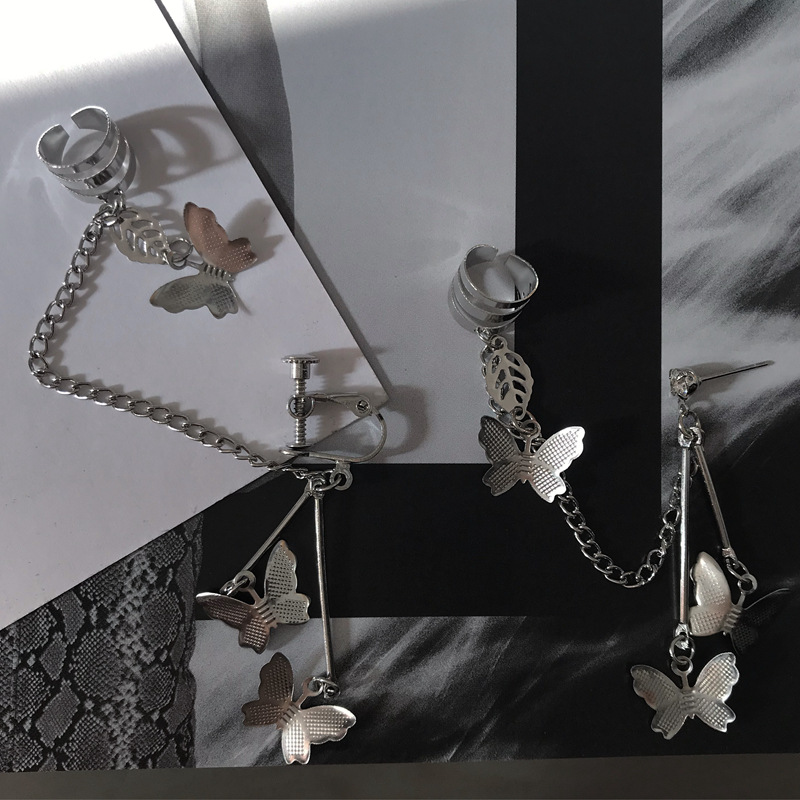 ins butterfly stud earrings, long tassel ear clips, super fairy ear bone clips, one-piece face slimming earrings, chain earrings for women details Picture