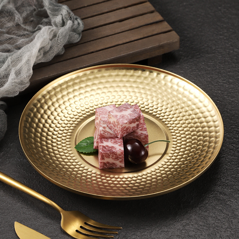 Creative hammer-patterned 304 stainless steel plate, household fruit plate, double-layer insulated vegetable plate, golden snack, dessert and cake plate details Picture