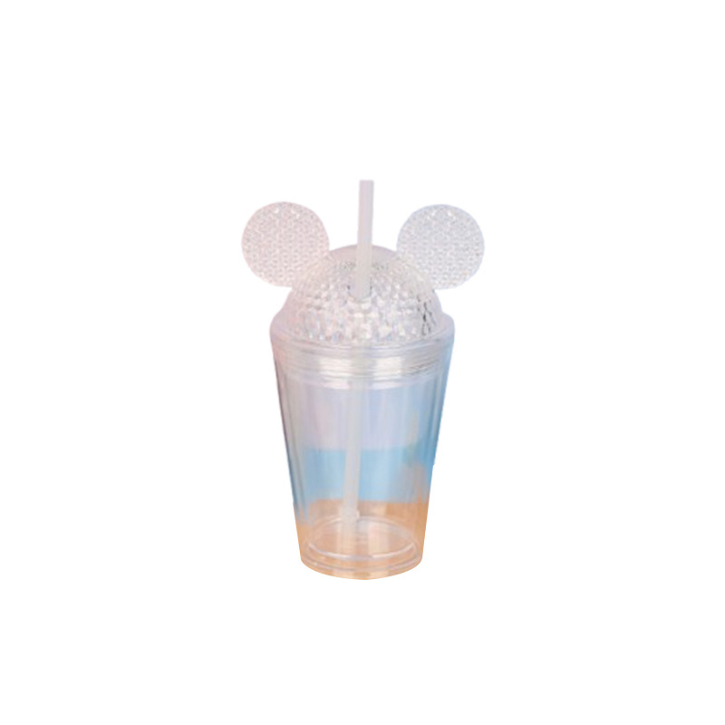 Factory wholesale transparent double-layer straw cups with LIDS, plastic cups, cartoon-shaped cold drink juice cups, and commuter drinking cups Item Picture