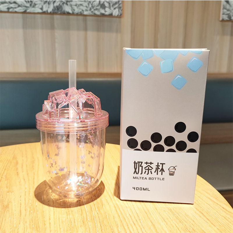 New summer minimalist double-layer glitter straw cup, cross-border Amazon plastic portable milk tea cup AS cold water cup Application Scenario