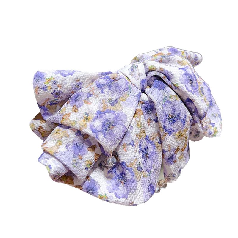 Dreamy purple floral patterns from Japan and South Korea, flowing large bows, beaded ponytail hair clips, half-tied hair accessories and hair clips Item Picture