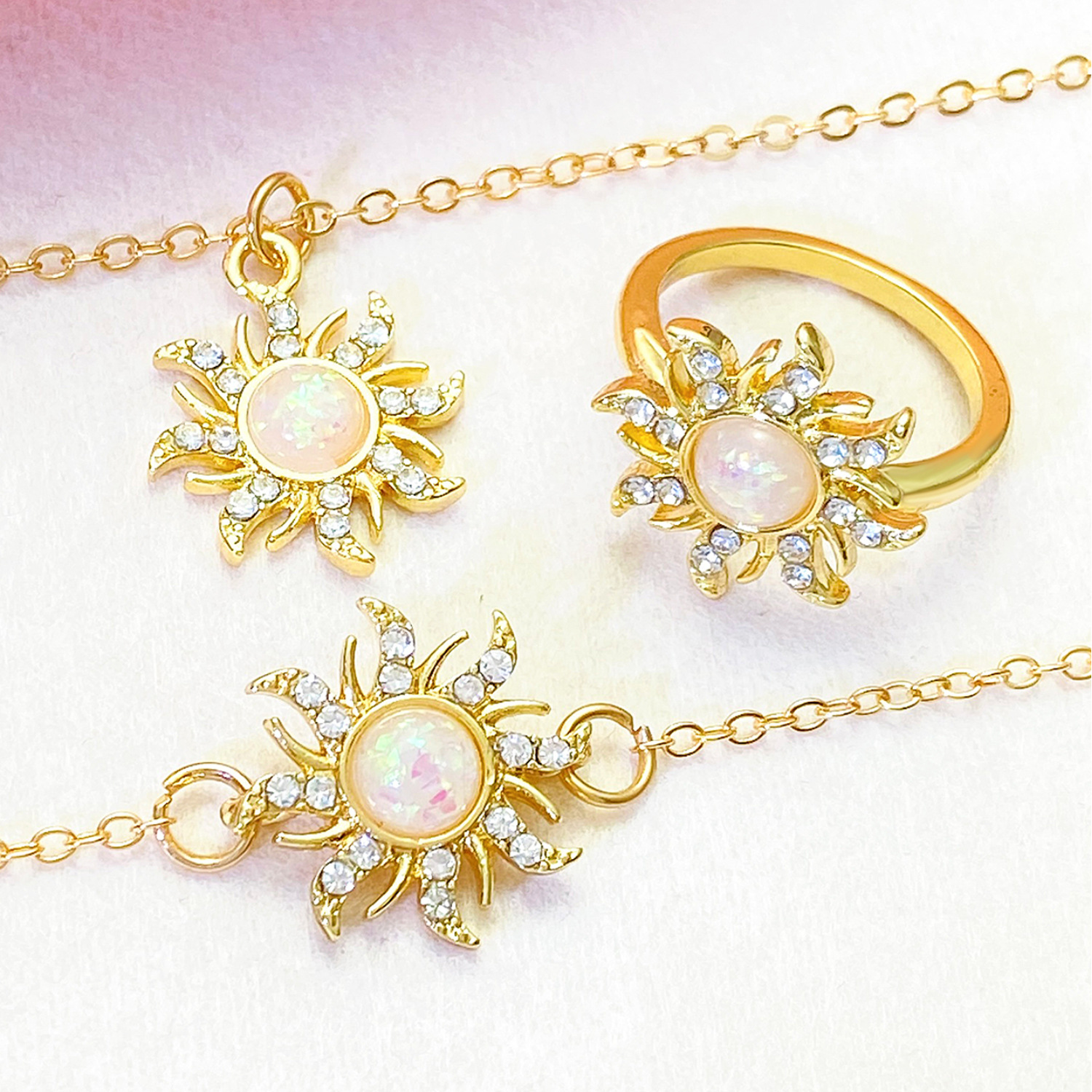 European and American ins retro dopamine Barbie Princess opal pendant necklace bracelet ring jewelry set Cross-border Application Scenario