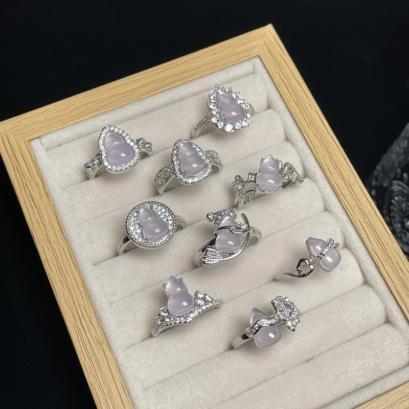 A new Chinese-style retro high-end purple jade imitation gourd open ring, a sweet, cool, fashionable and individual ring with a feminine texture full figure