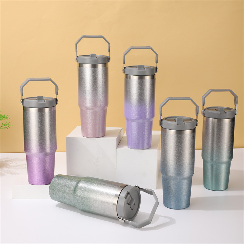 30oz single-drinking handle cup, 304 stainless steel diamond paint surface car cup, large-capacity cold and heat preservation insulated cup details Picture