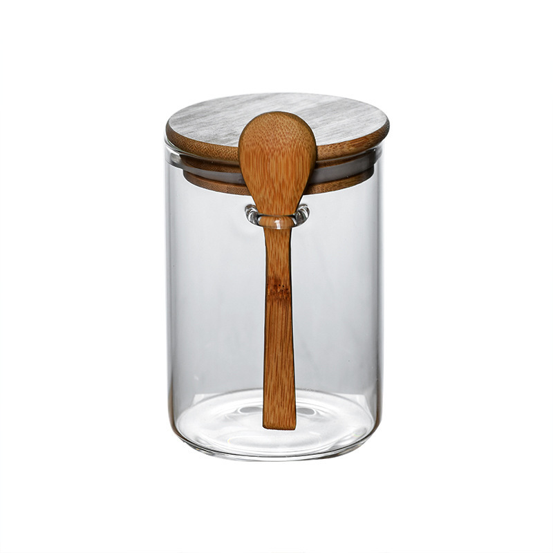 Glass round storage jar with spoon, high borosilicate glass seasoning jar, multi-purpose storage sealed jar, candy and tea jar Item Picture