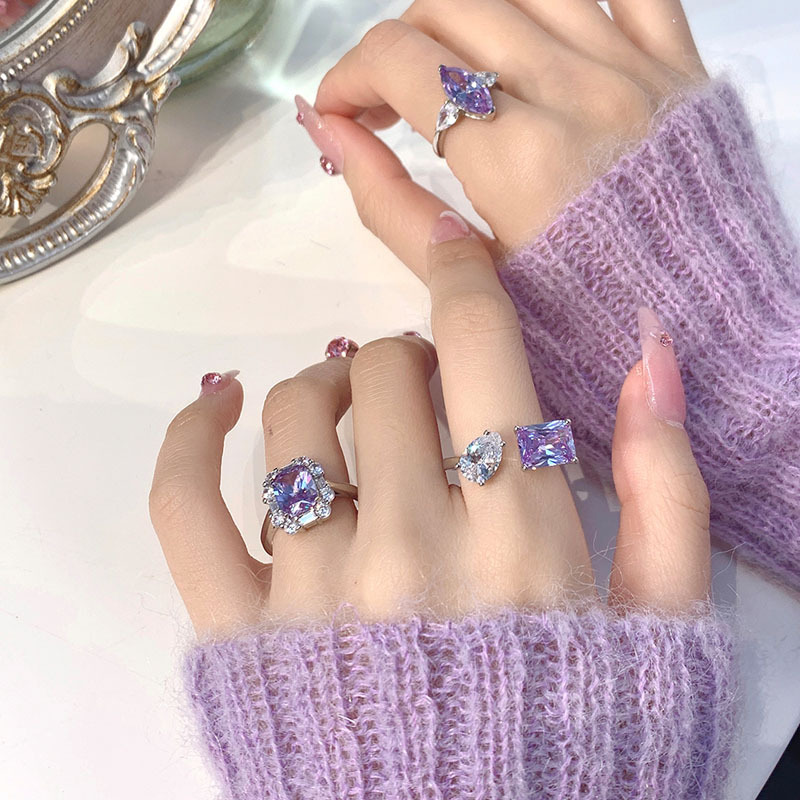 ins Cold and romantic, gentle purple diamond zircon open ring for women, a unique, sweet and cool, individual and exquisite ring details Picture