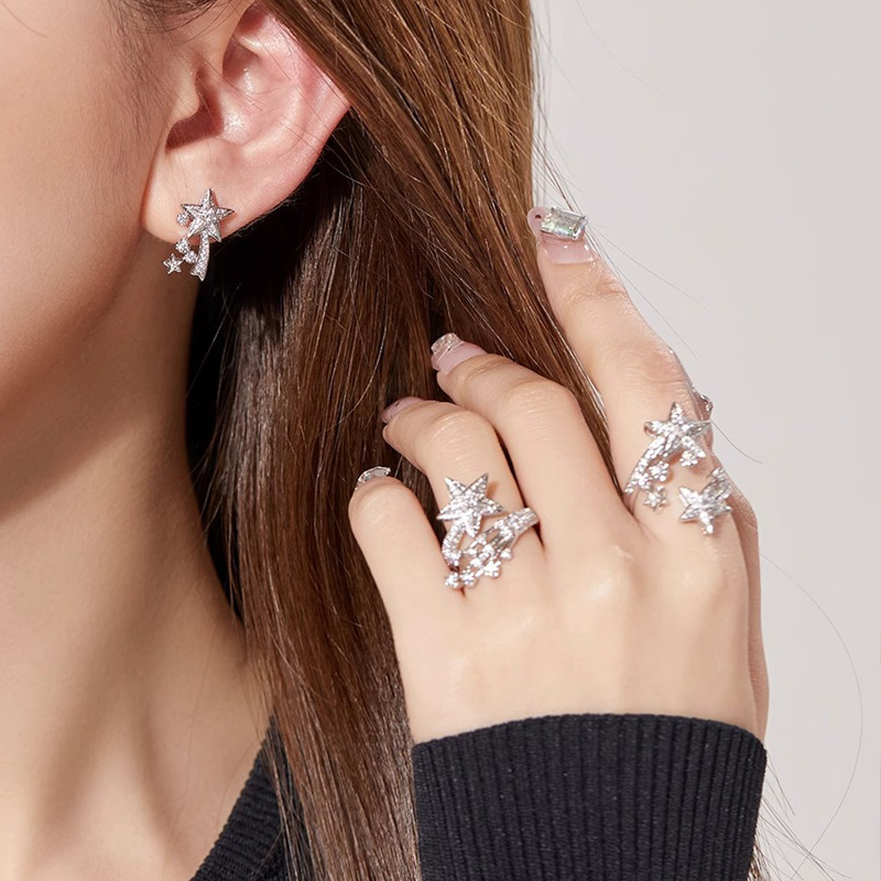 Niche design: Starry Sky Full Diamond Zircon ring stud set, Hot girl fashion Meteor Light Luxury Trendy ring details Picture