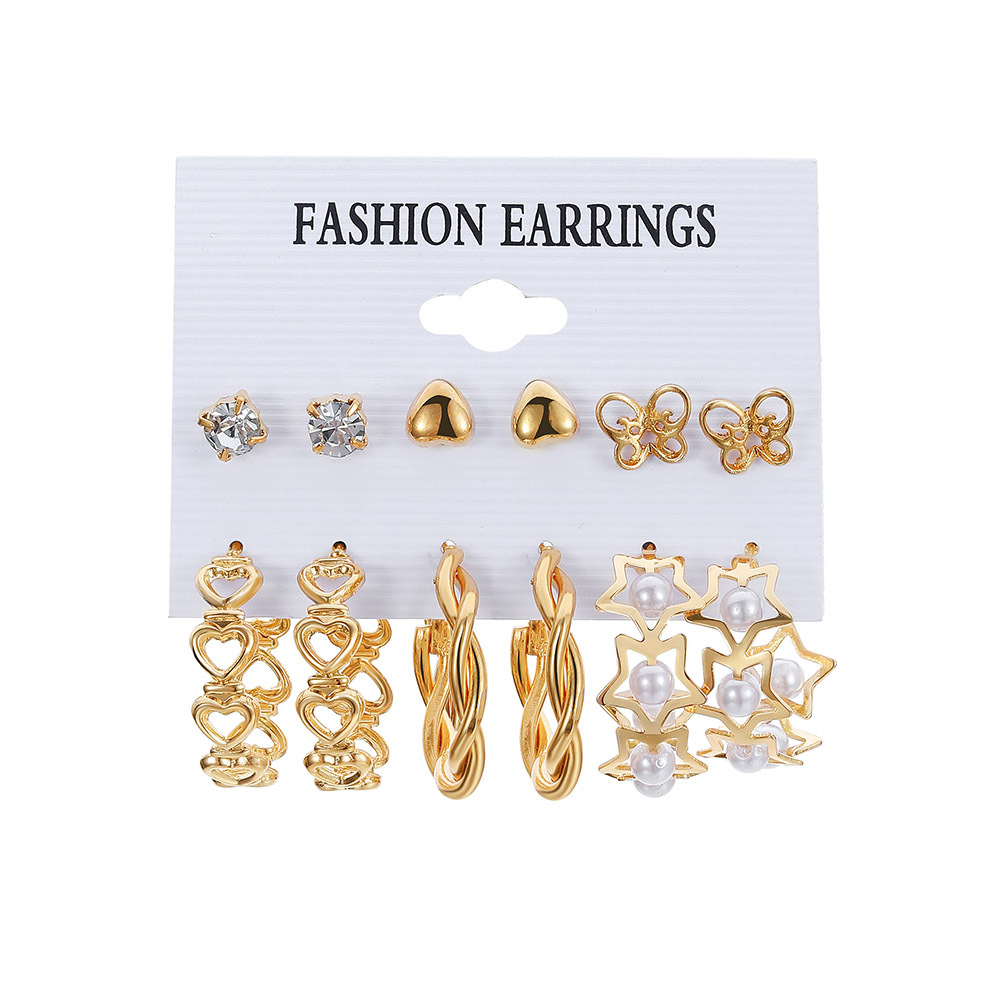 European and American cross-border pearl inlaid butterfly stud earrings, high-end ear rings, retro metal 6-set earrings set for women Item Picture