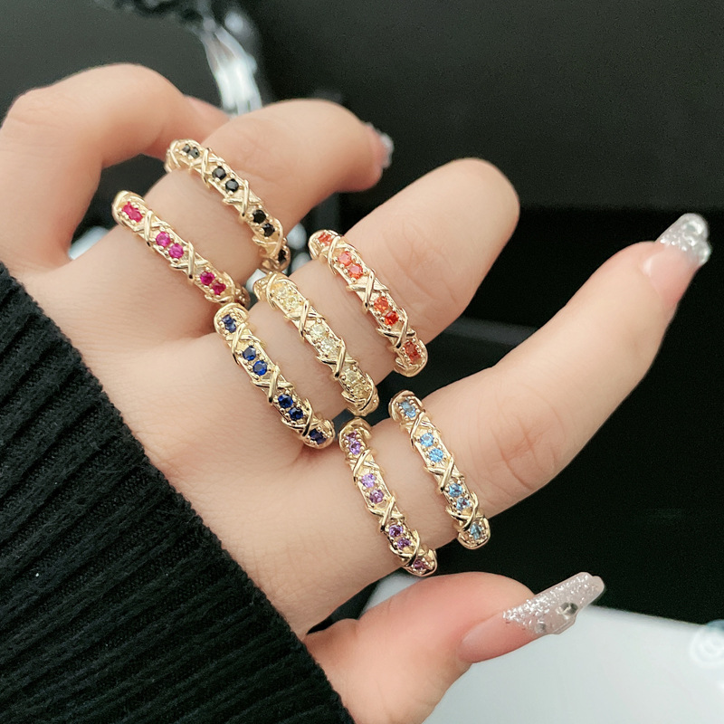 New rose gold color diamond zircon cross opening ring for women on Instagram, a cold style and light luxury girl's versatile ring Specification drawing