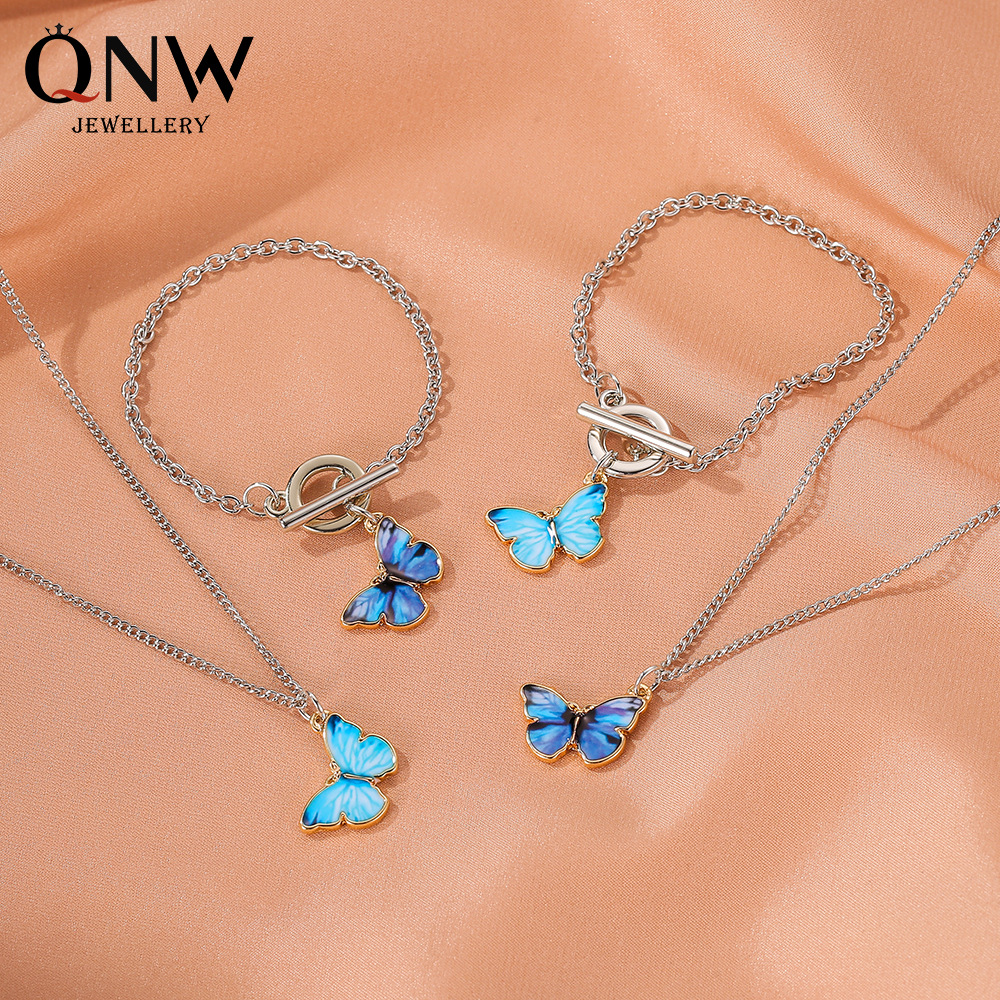 Summer new ins influencer gradient butterfly necklace, forest-themed colorful and fresh couple collarbone chain butterfly bracelet full figure