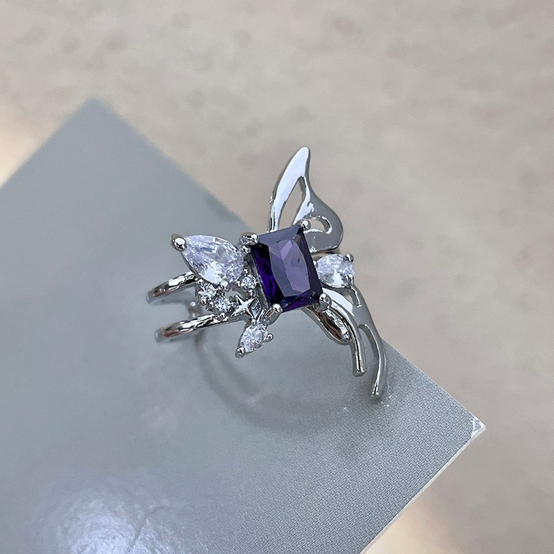 Purple zircon super flash open ring, asymmetrical liquid butterfly ring, sweet and elegant index finger ring, trendy accessory Application Scenario