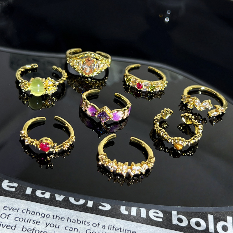New Chinese-style exquisite oval cat's eye stone sweet and cool open ring for women, geometric micro-inlaid, unique and niche design sense ring details Picture