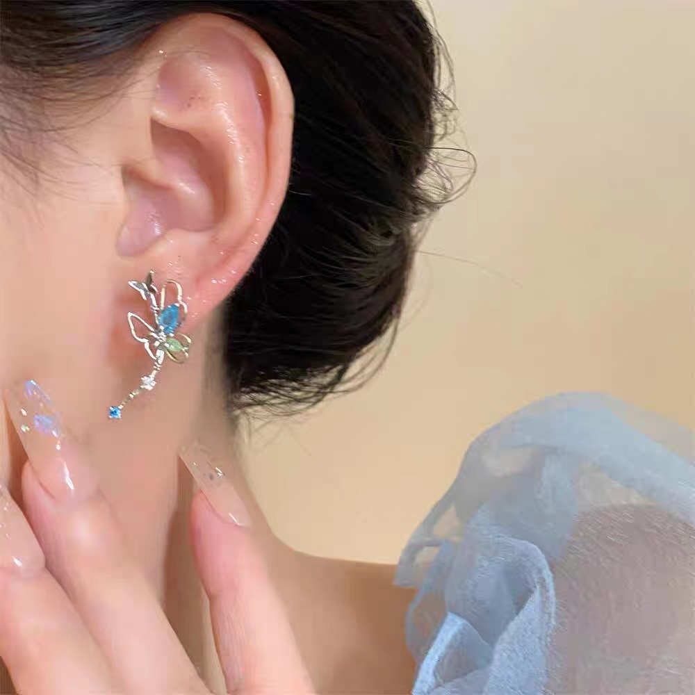 Blue butterfly zircon stud earrings for women, a new Korean style Instagram niche design earring, super ethereal, versatile and elegant earrings details Picture
