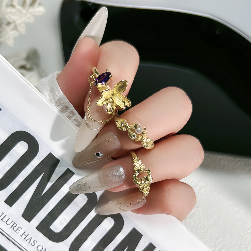 ins cold style exquisite flower tassel chain open ring for women, unique and individual brushed pearl simple ring details Picture