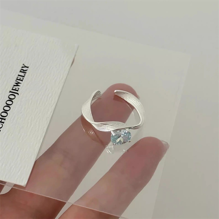 S925 Pure silver blue zircon geometric Wave ring for women, a niche, high-end, and cold style with a texture, open index finger ring full figure