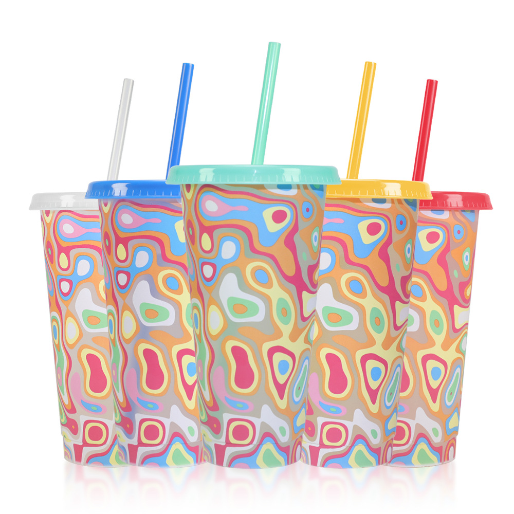 Cross-border in-stock psychedelic cup 24oz large capacity pp color-changing cup when cooled, creative high appearance level straw plastic water cup Item Picture