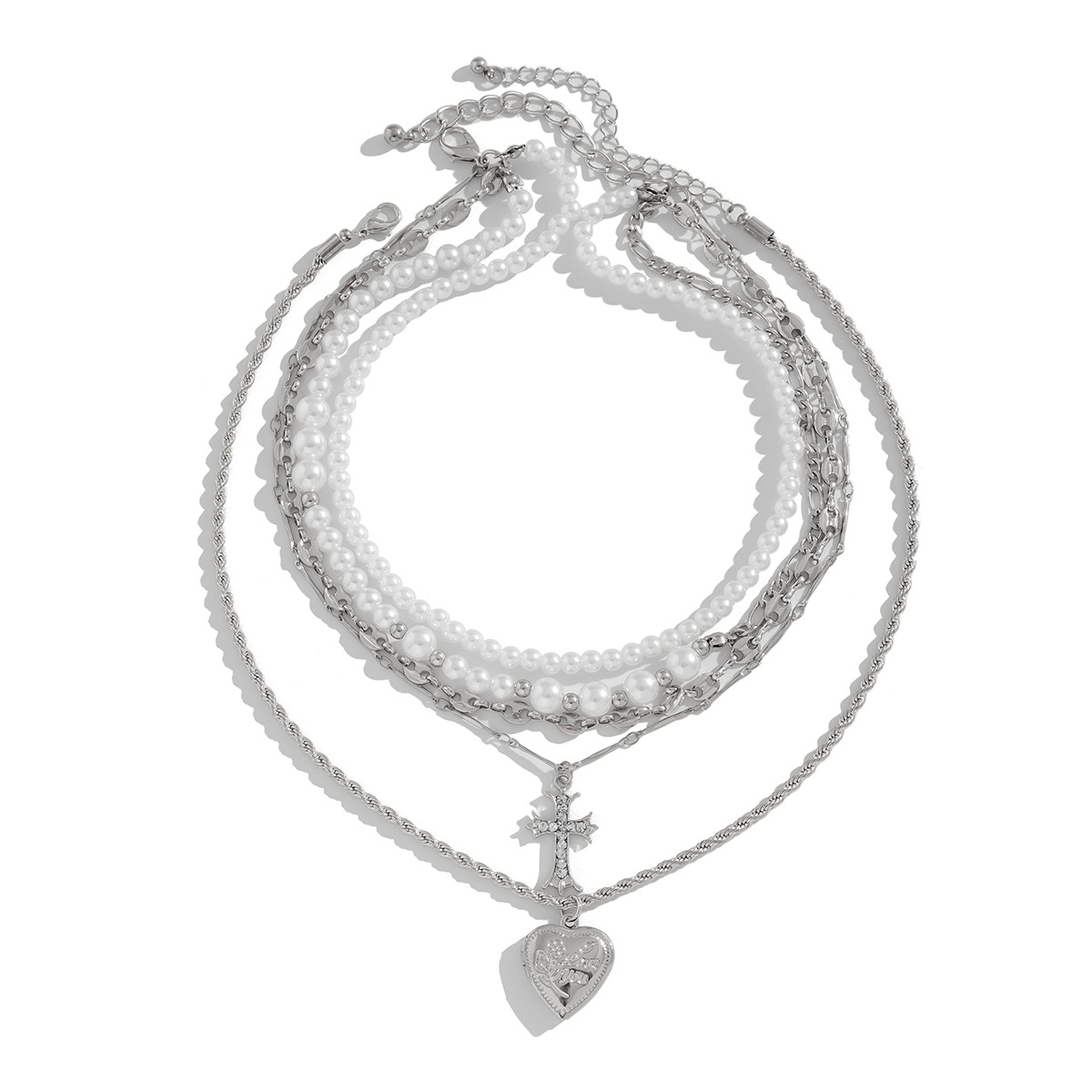 European and American cross-border jewelry, fashionable pearl beaded collarbone chain 2-piece set, heart-shaped multi-layer alloy necklace for women Item Picture