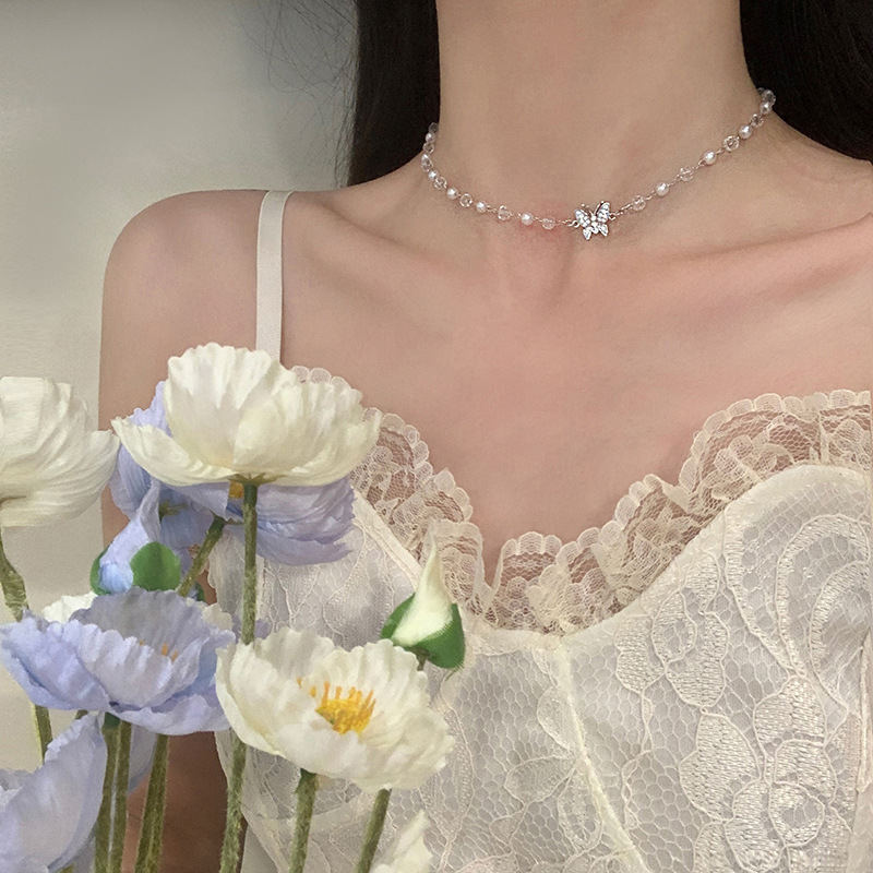 Pearl crystal butterfly necklace for women's summer, light luxury and niche design sense collarbone chain choker neck chain necklace Application Scenario