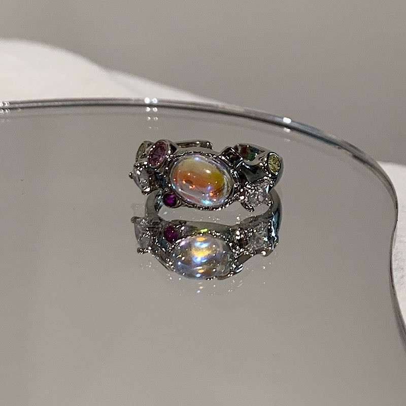 Opal stone niche, light luxury, high-end HyUNA moonstone ring, Korean ins design sense, unique open ring full figure