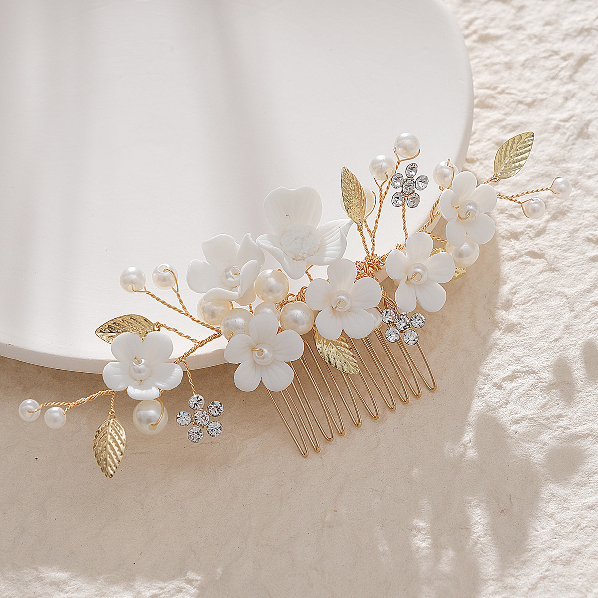Cross-border bride accessories, handcrafted flower hair combs, forest-themed super fairy wedding hair accessories, retro and versatile ceramic flower bouquets for women Specification drawing
