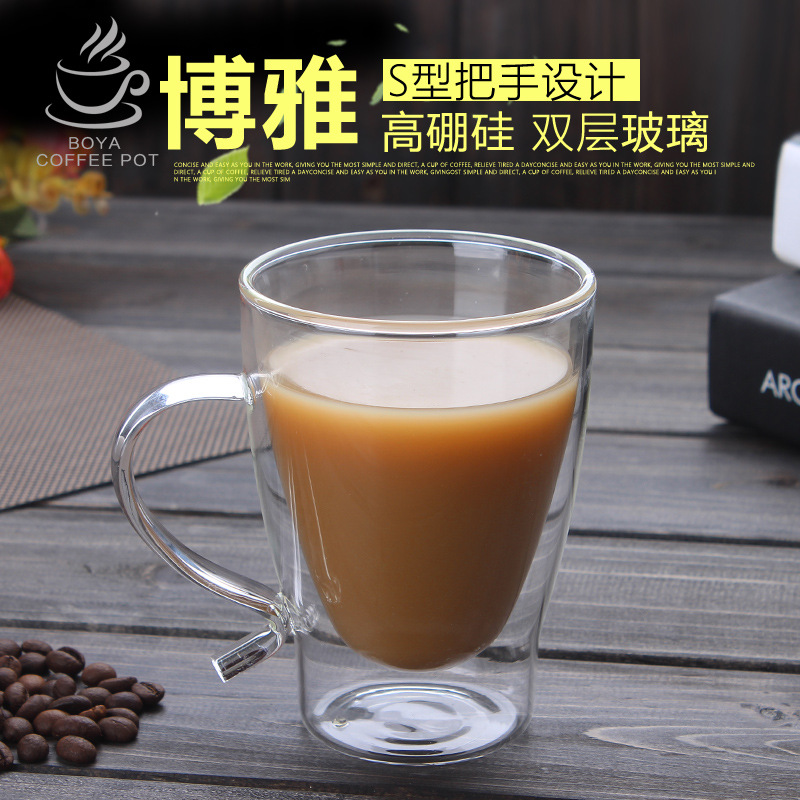 Wholesale popular creative double-layer glass cups, household cups, high borosilicate glass coffee cups, high-temperature resistant juice cups and water cups Specification drawing