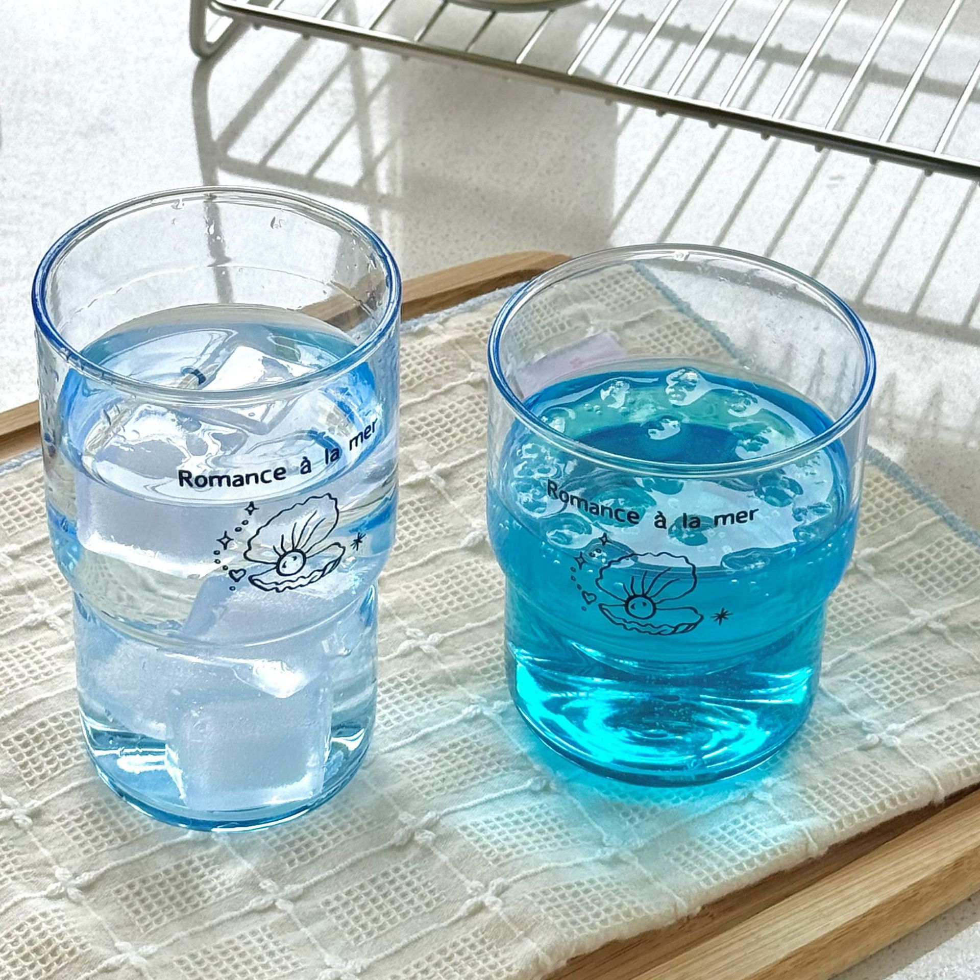 Ocean Series Blue Cup, Pearl Shell Glass Cup, Cold Brew Cup, Coffee Cup, Home Breakfast Cup, Girls' Water Cup full figure