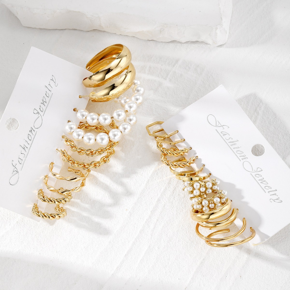 A new set of 6 pairs of retro geometric C-shaped alloy pearl earrings from Europe and America, featuring a fashionable and high-end look for women details Picture