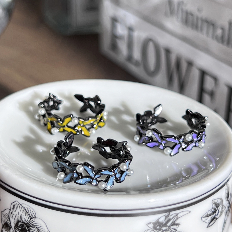 Cross-border punk dark irregular butterfly pearl drip glaze open ring for women, gender-neutral style, sweet and cool personality ring full figure