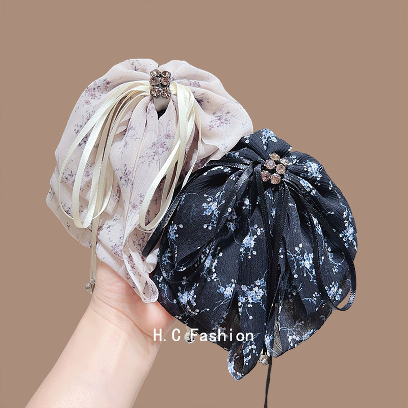 High-end and fashionable printed bow, multi-layered ponytail hair clip, fairy ribbon, back of the head hair accessory, shark clip, claw clip Specification drawing
